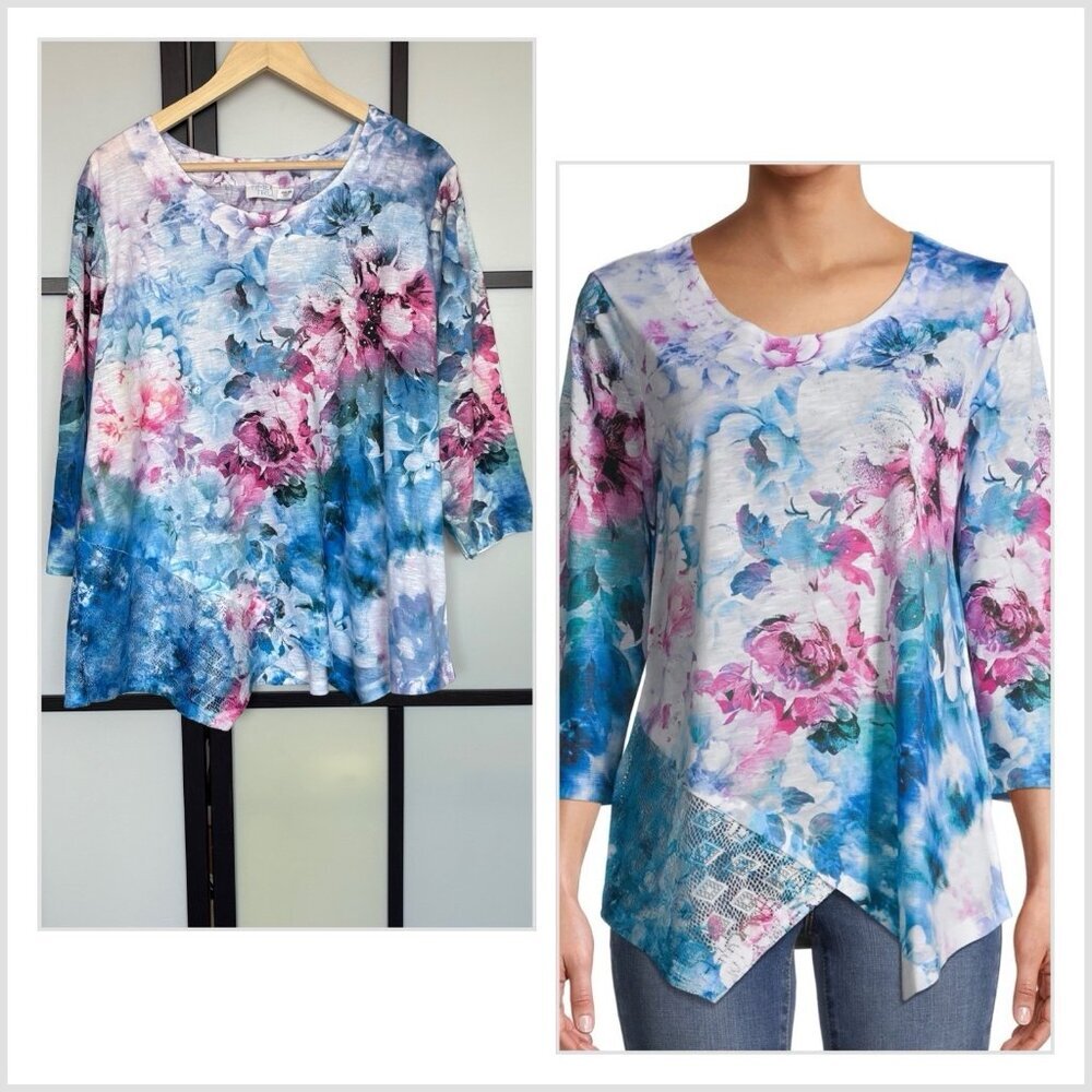 Time and Tru Blouse Plus Size XXXL 3XL Top 3/4 Sleeves Floral Bling Fairy Boho